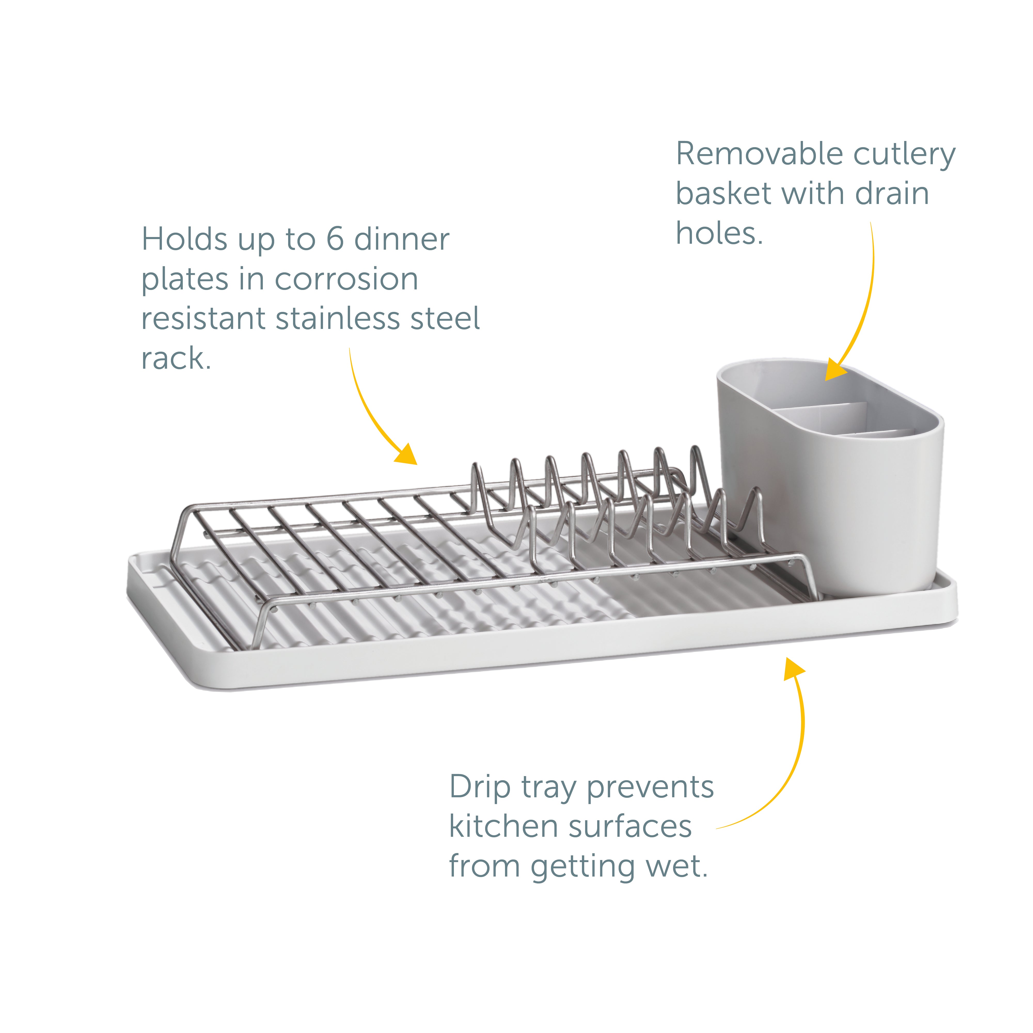 Compact recycled draining rack with stainless steel frame, cutlery basket, and drip tray to keep counters dry.