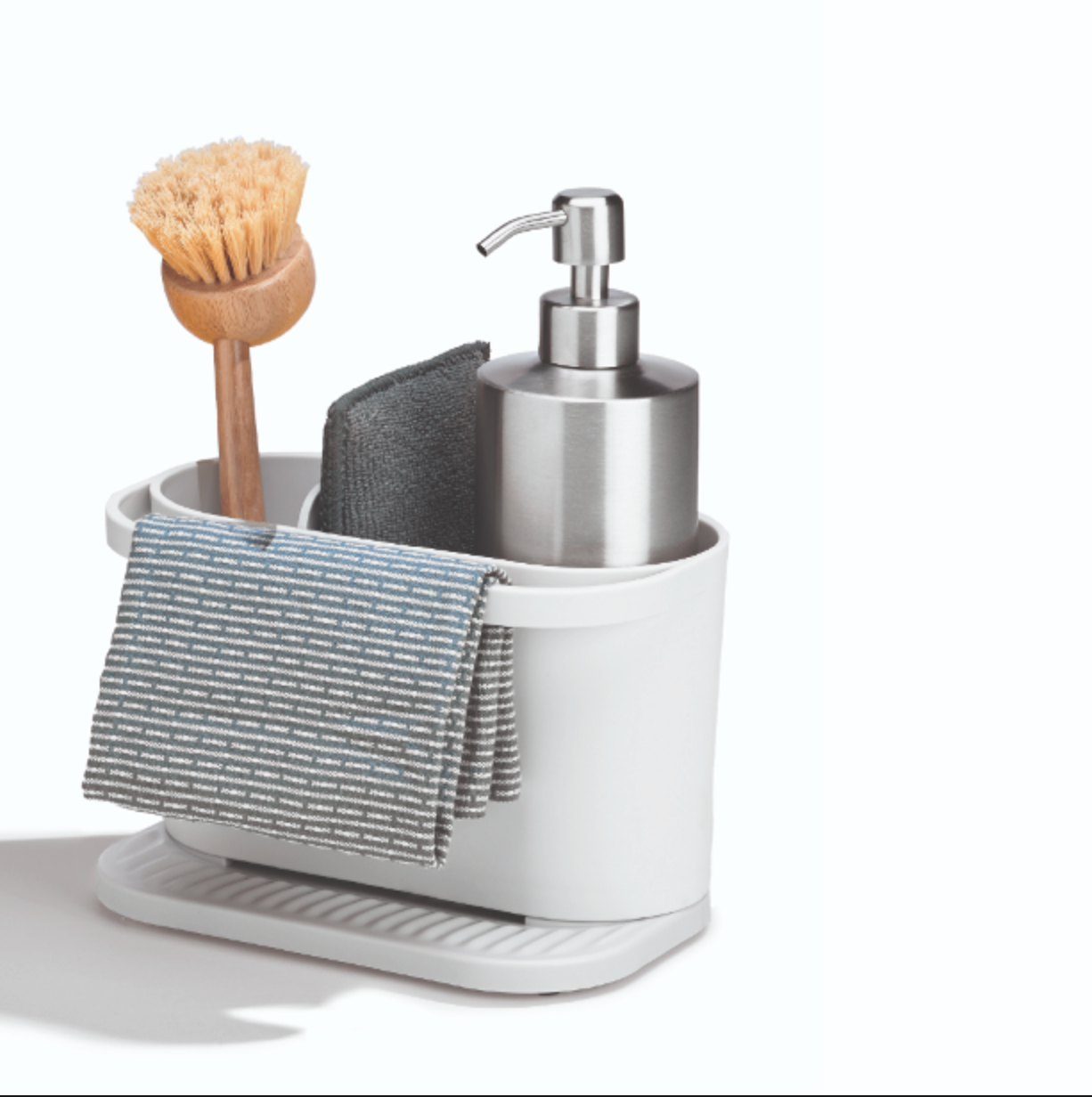Recycled kitchen sink tidy with compartments, drainage base, and soap dispenser for organized, eco-friendly cleaning.
