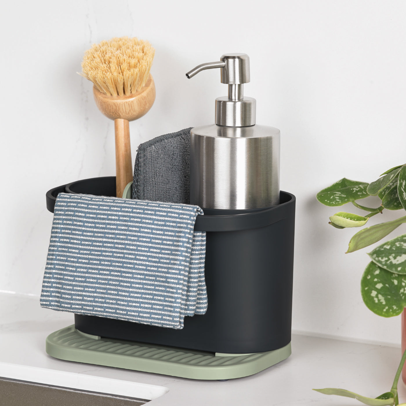 ReBorn recycled kitchen sink tidy keeps essentials organized, with a drip tray for mess-free drying.