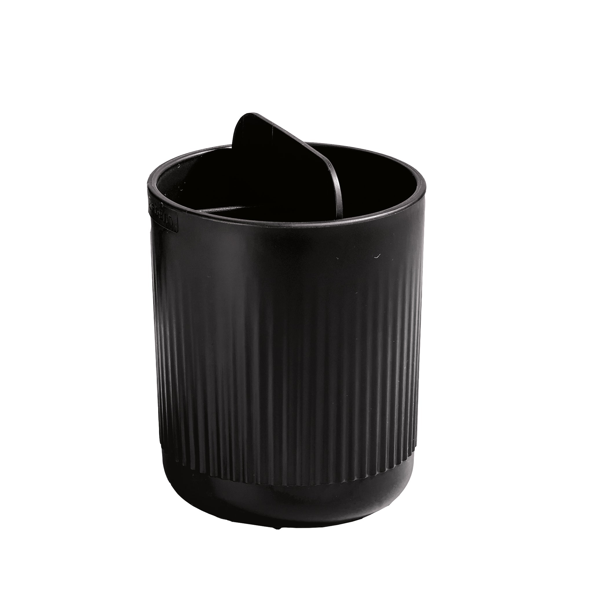 Black ribbed toothbrush holder with divider for organized, hygienic storage in a modern design.