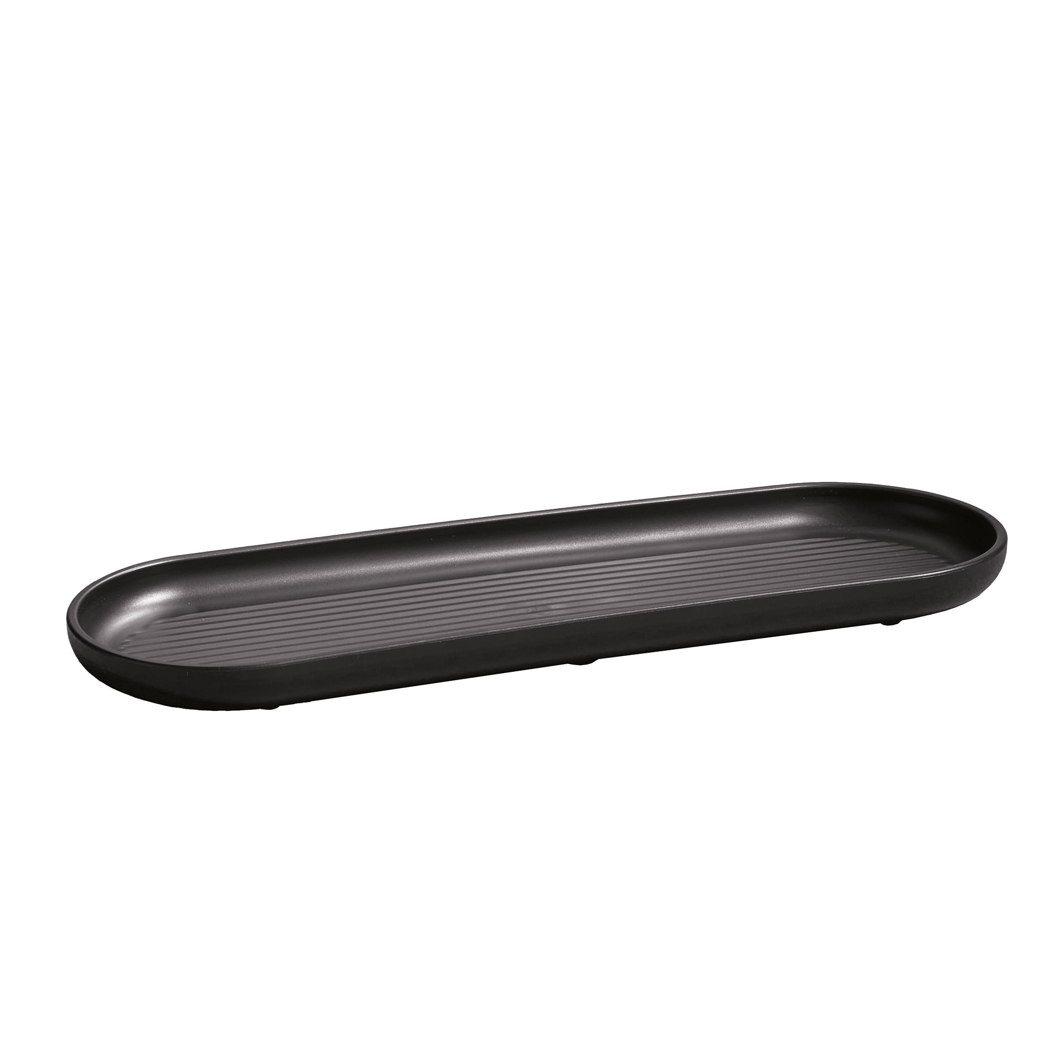 Sleek black bathroom tray with textured surface—perfect for organizing toiletries in style.