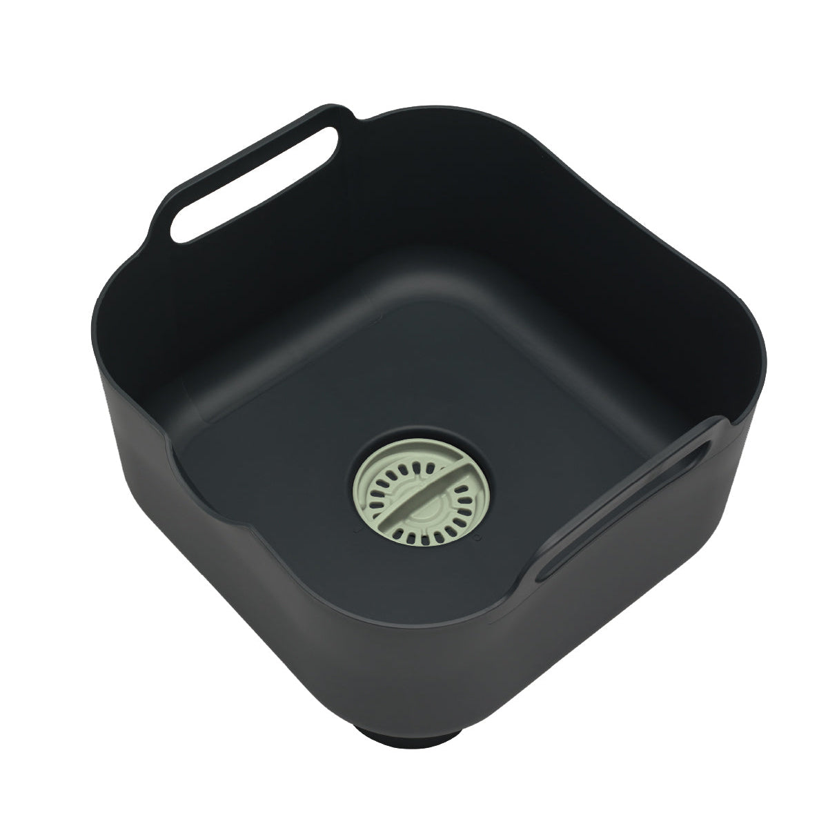 Dark gray recycled washing-up bowl with easy-carry handles and built-in drain for effortless cleanup.