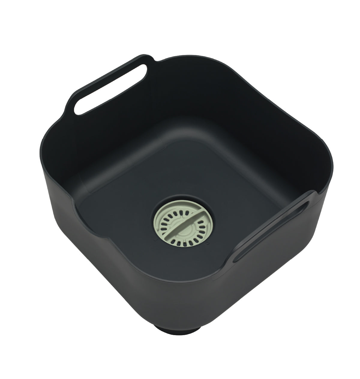 Dark gray recycled washing-up bowl with easy-carry handles and built-in drain for effortless cleanup.