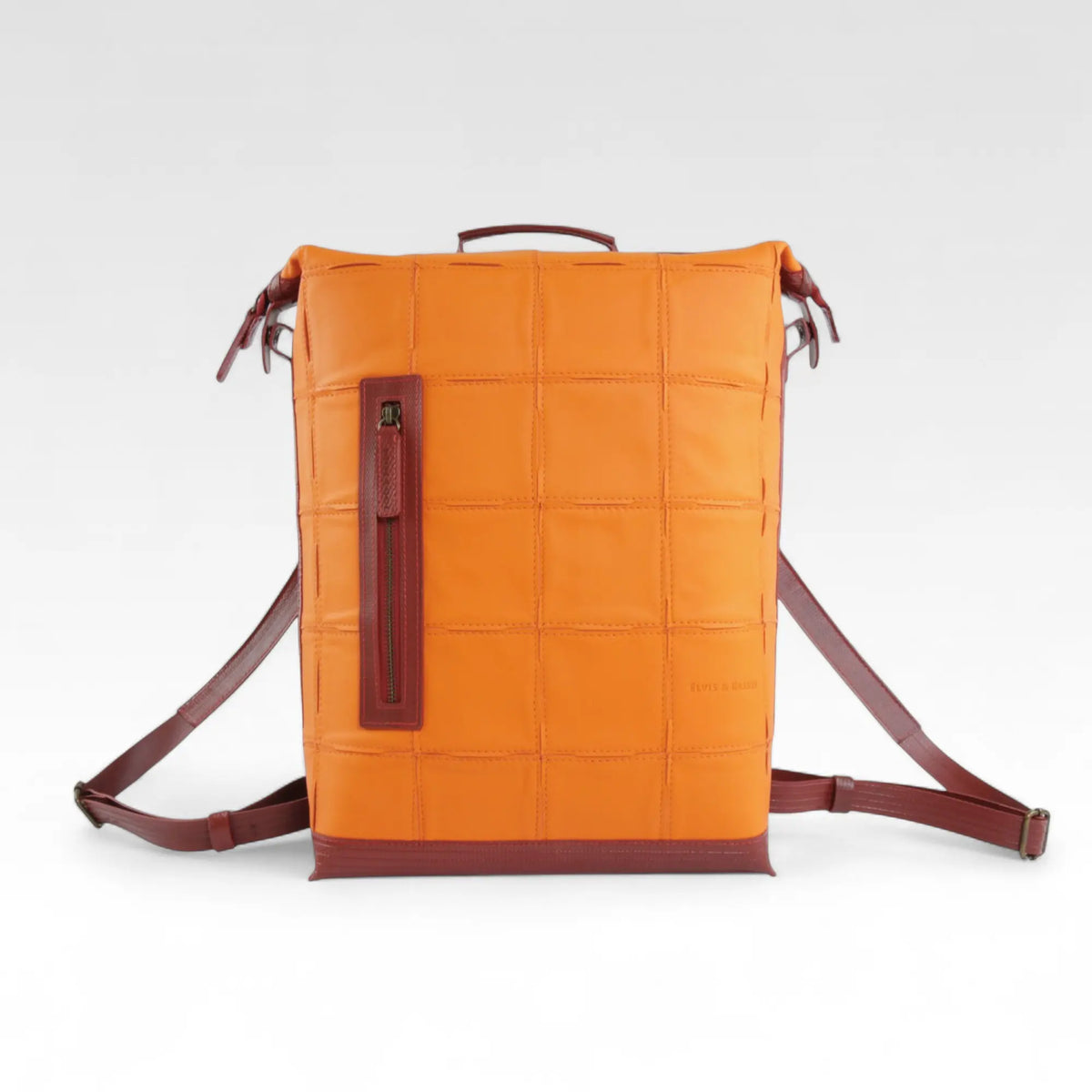 Elvis & Kresse large backpack in orange and red rescued leather with fire-hose