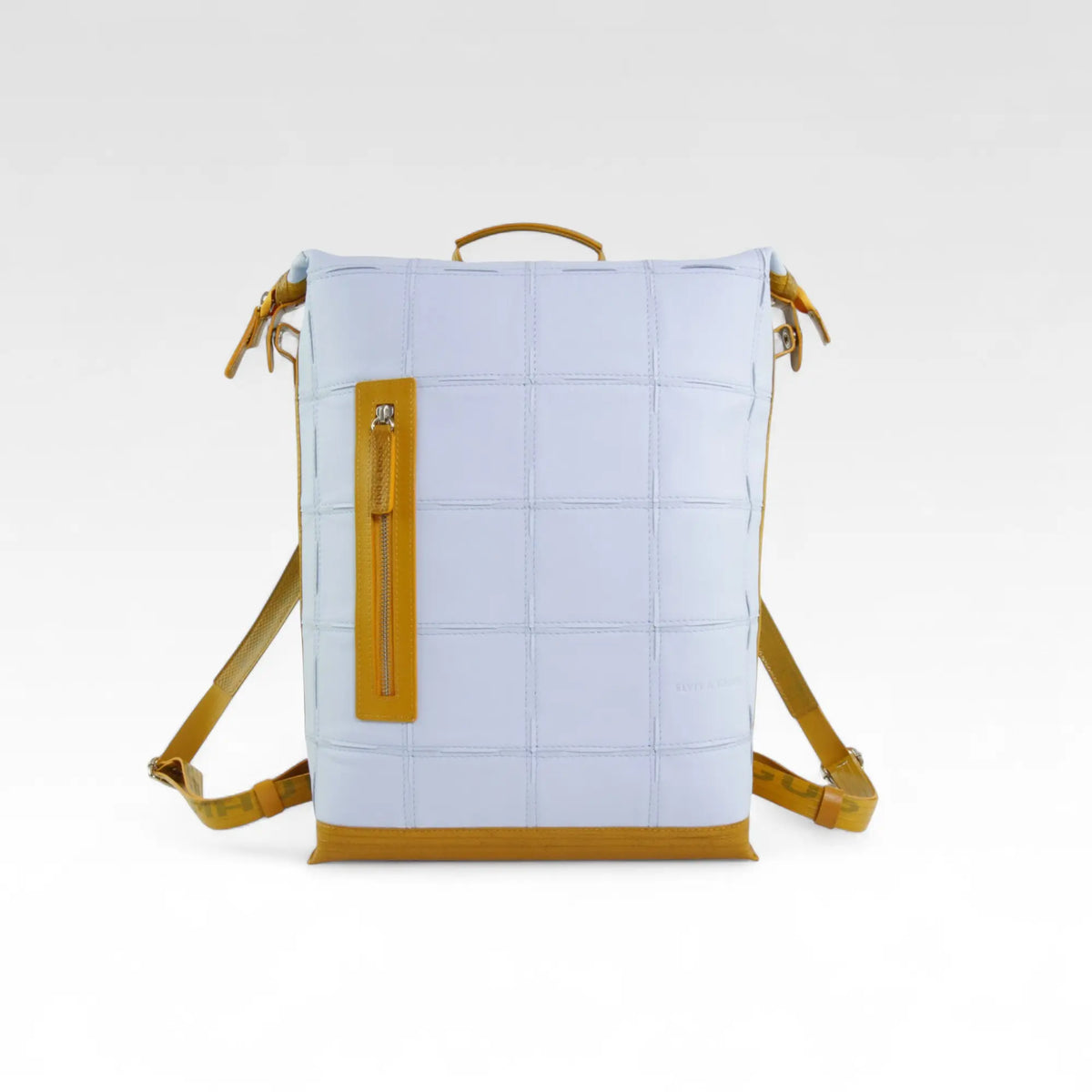 Elvis & Kresse large backpack in pale blue rescued leather with fire-hose