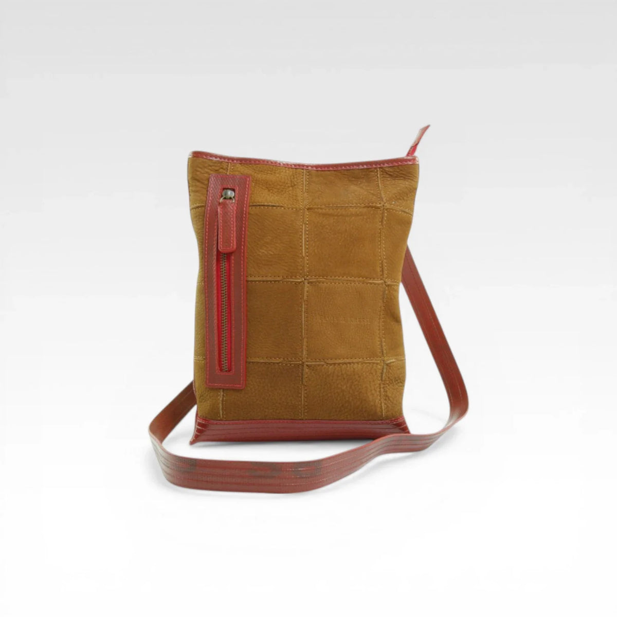 Elvis & Kresse reporter bag in ginger bread brown rescued leather with fire-hose