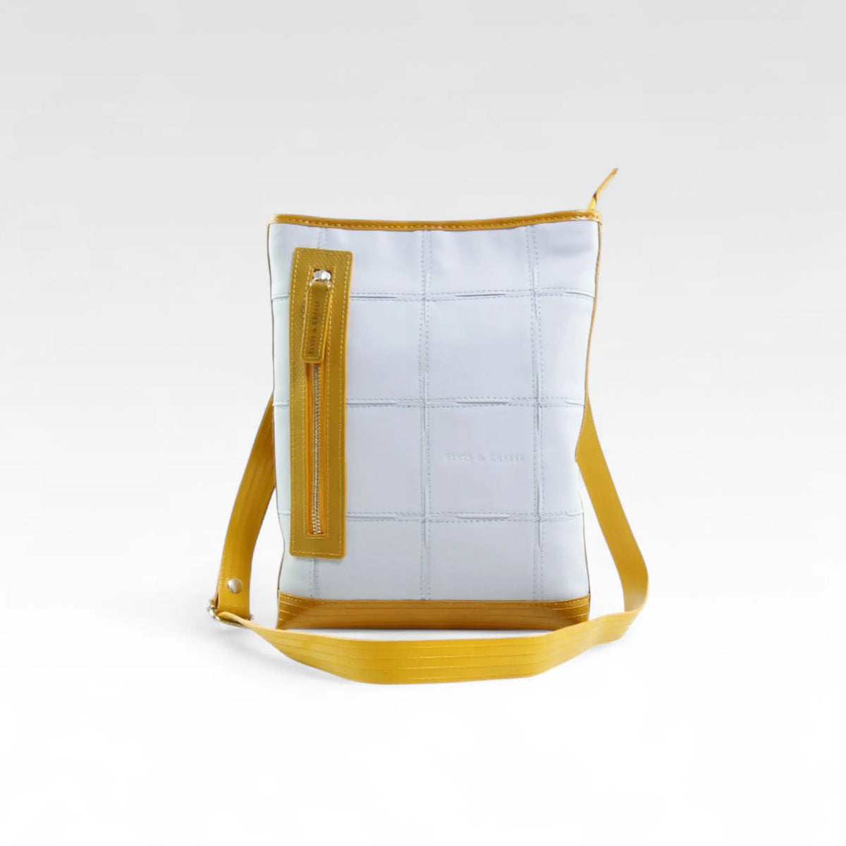Elvis & Kresse reporter bag in pale blue rescued leather with fire-hose