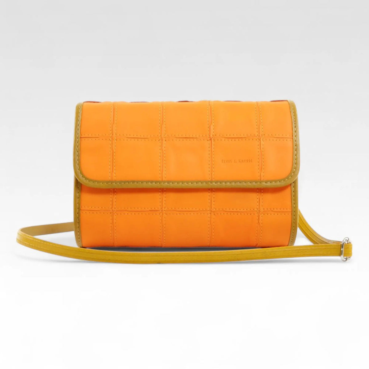 Elvis & Kresse crossbody bag in orange and yellow rescued leather with fire-hose