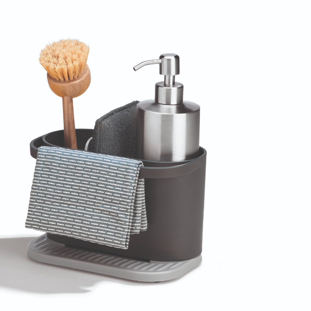 Recycled kitchen sink tidy with soap dispenser, dish brush, and drip tray for mess-free organization.