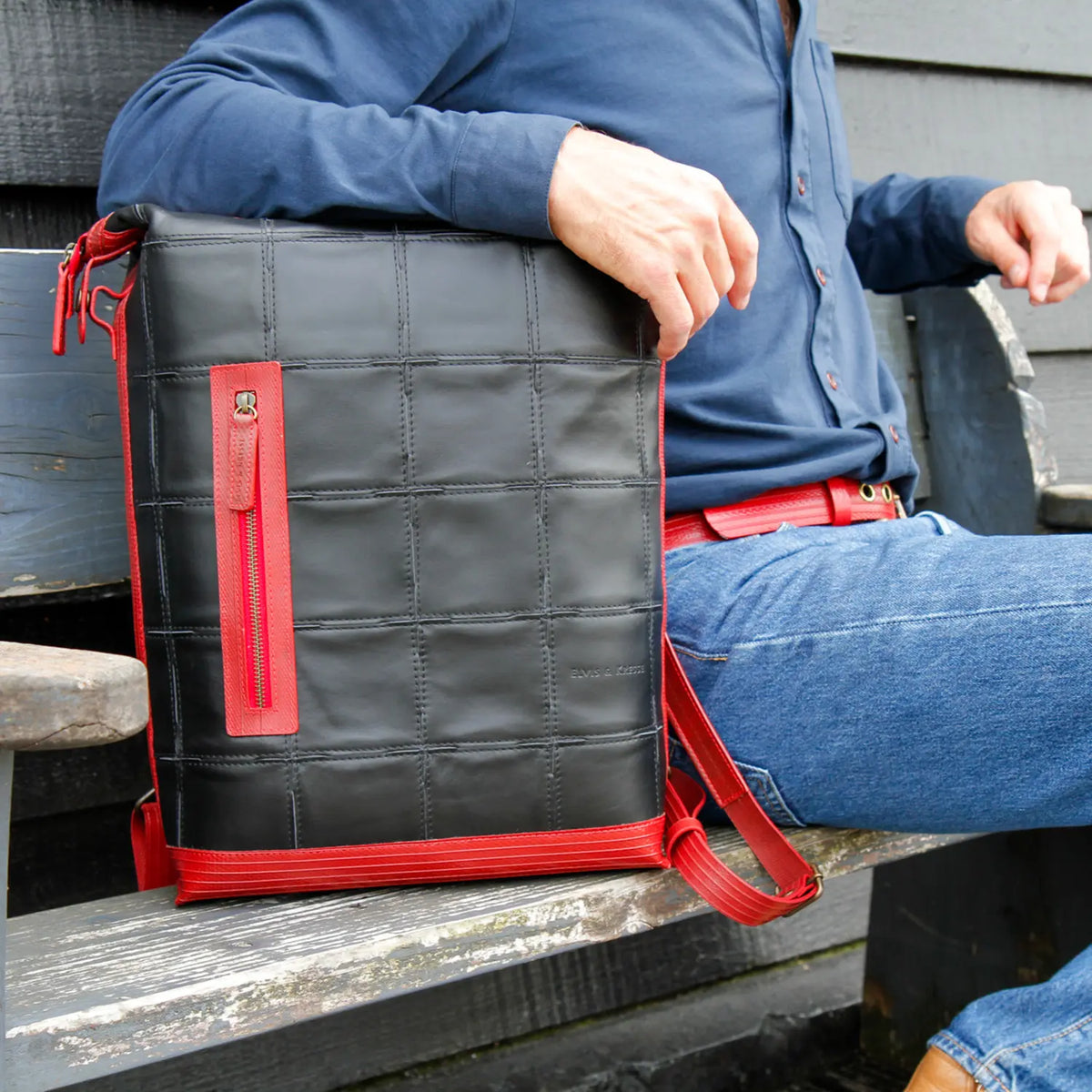 Elvis & Kresse large leather and fire-hose backpack, lifestyle
