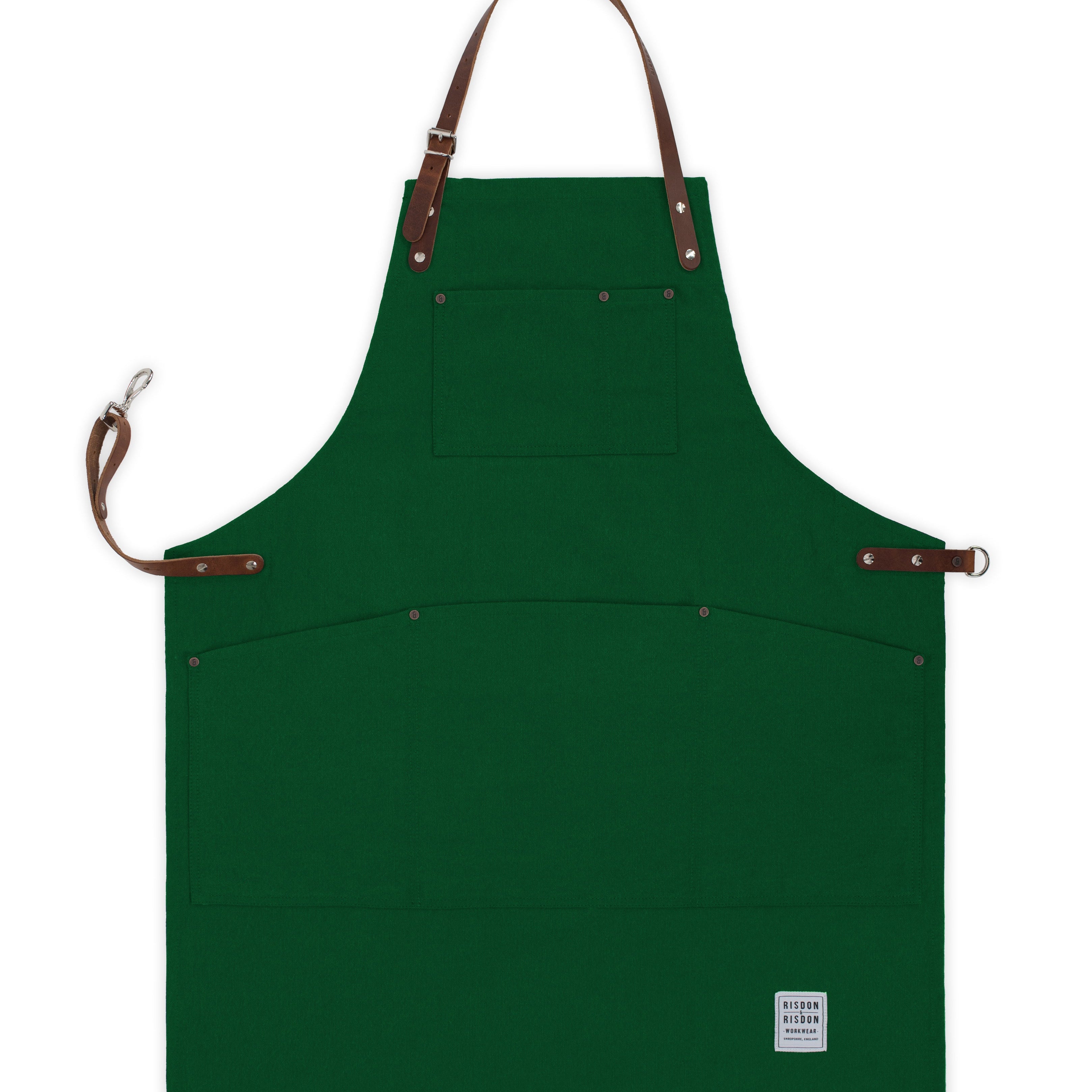 Handcrafted, Shropshire green canvas apron; made in Britain with pockets and removable leather straps.