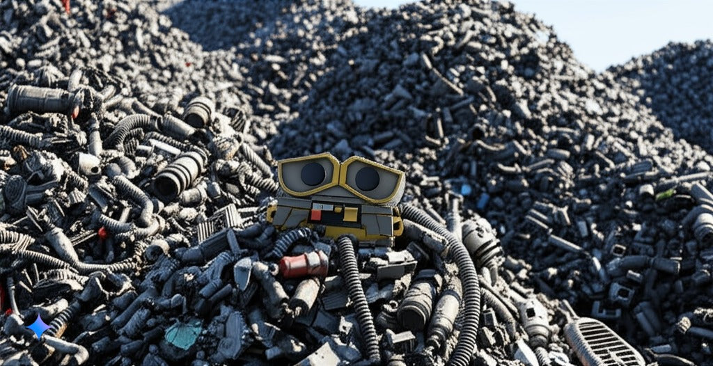 A pile of discarded AI robots, broken and tangled, symbolising the urgent need for sustainable and repairable design in robotics.