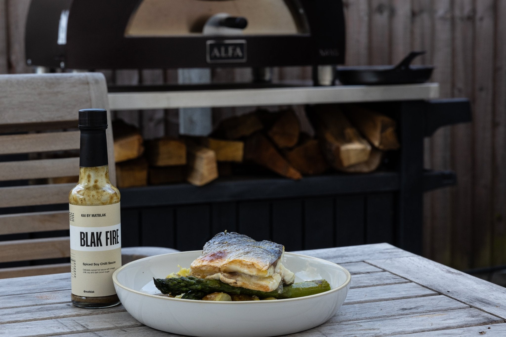 Wood Roasted Seabass, Jersey Royal potatoes, Charred Asparagus & BLAK FIRE - Buy Me Once UK