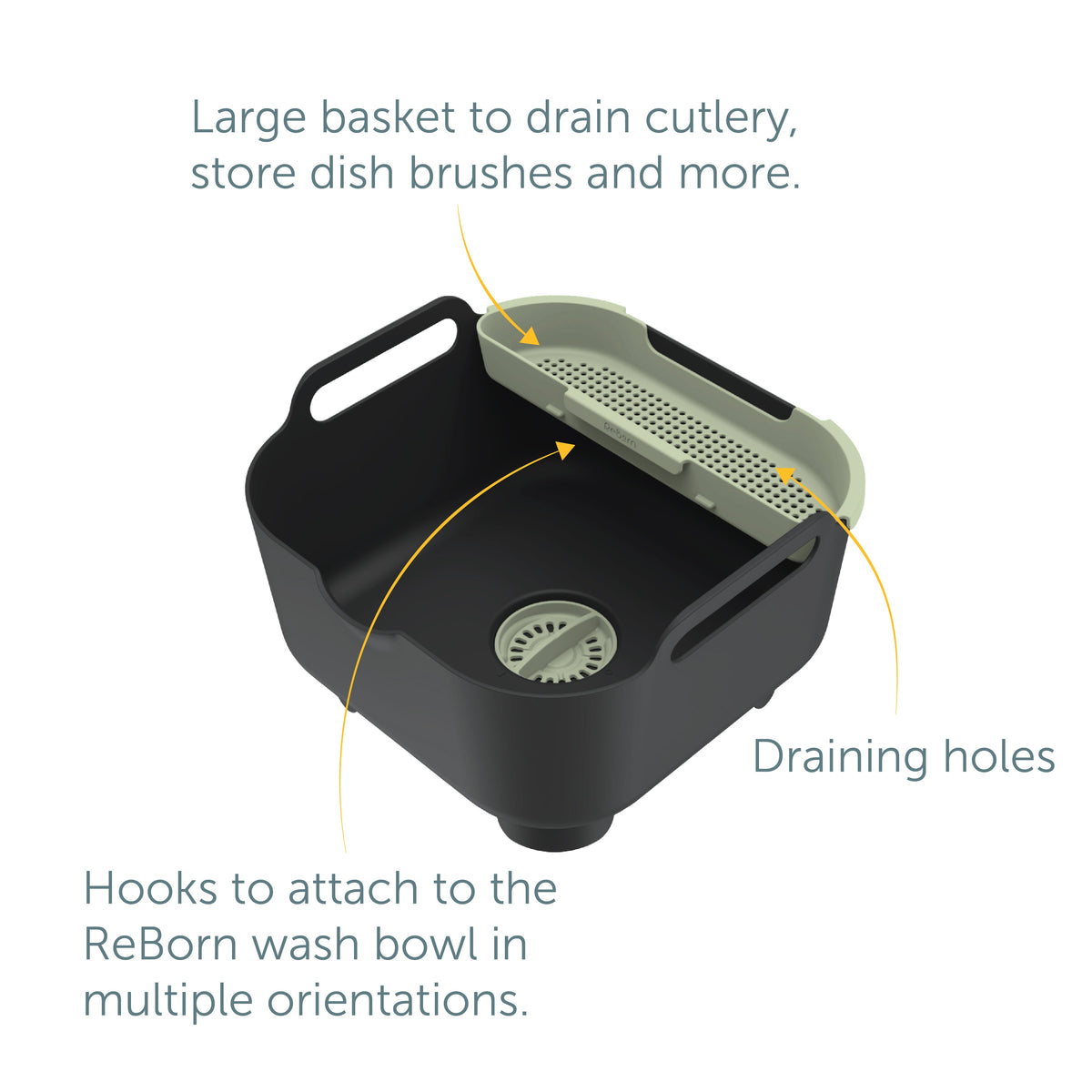 ReBorn Washing Up Bowl Pro: 9 litre recycled plastic washing up bowl with matching drainer in charcoal grey and sage green