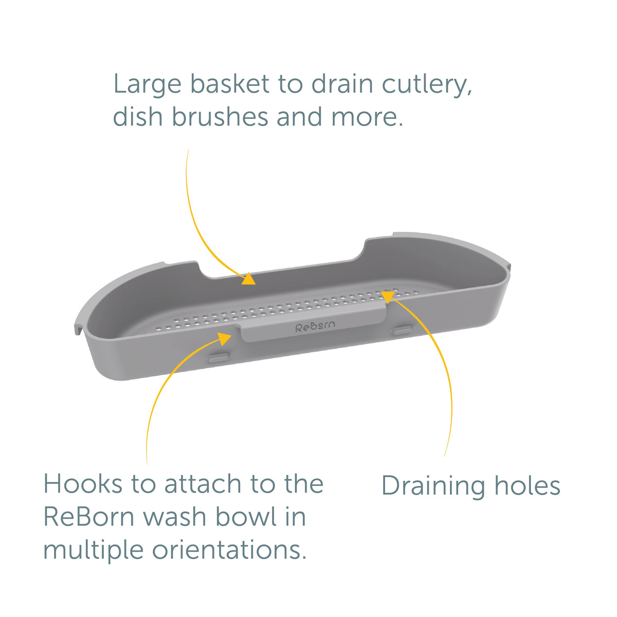 ReBorn multipurpose drainer for dishes with dimensions and key features labelled