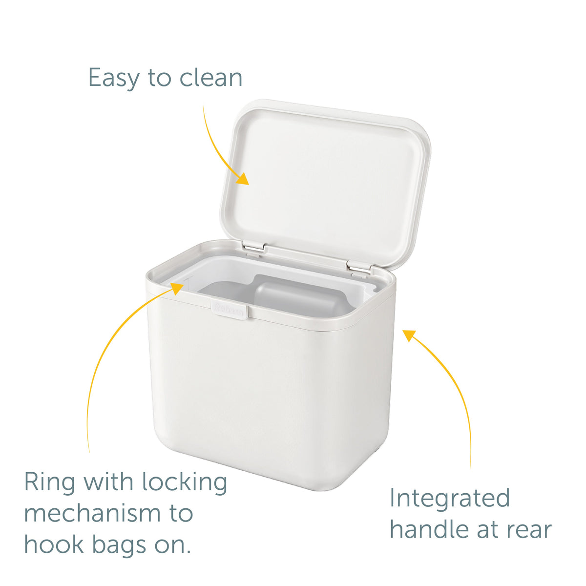 ReBorn SquishBin soft plastics recycling bin made from 100% recycled plastic with dimensions and key features labelled