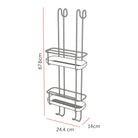 ReBorn two-tier hook-over shower caddy in stone with dimensions and key features labelled