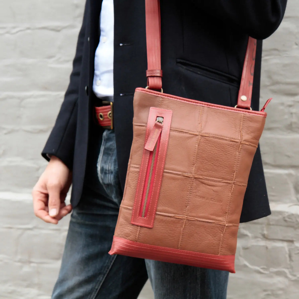 Elvis & Kresse leather and fire-hose reporter bag, lifestyle