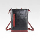 Elvis & Kresse large backpack in black and red rescued leather with fire-hose
