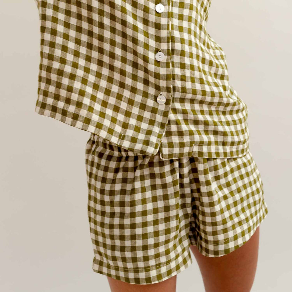 Piglet in Bed - Gingham Linen Pyjama Shorts Set, Botanical Green - Buy Me Once UK
