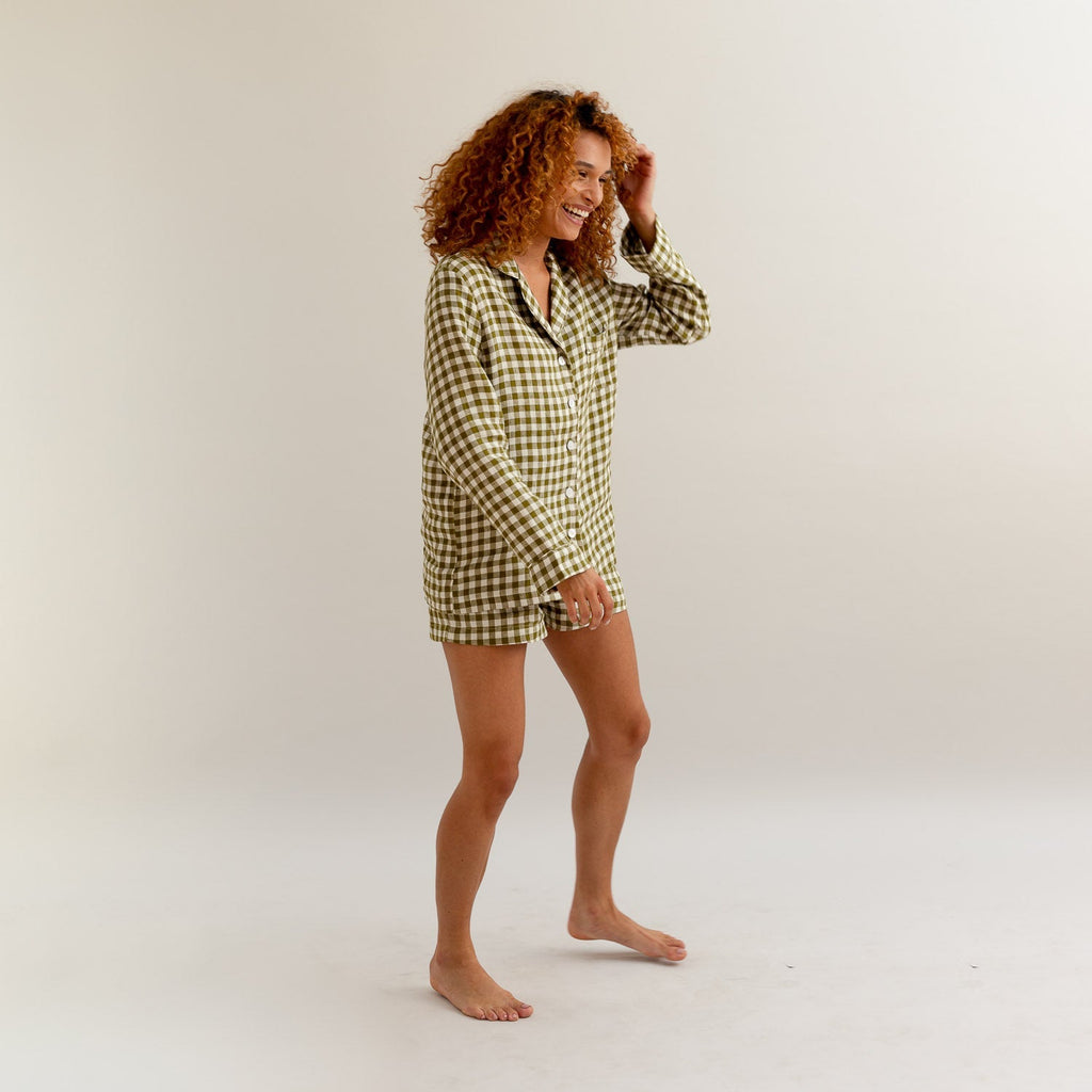 Piglet in Bed - Gingham Linen Pyjama Shorts Set, Botanical Green - Buy Me Once UK