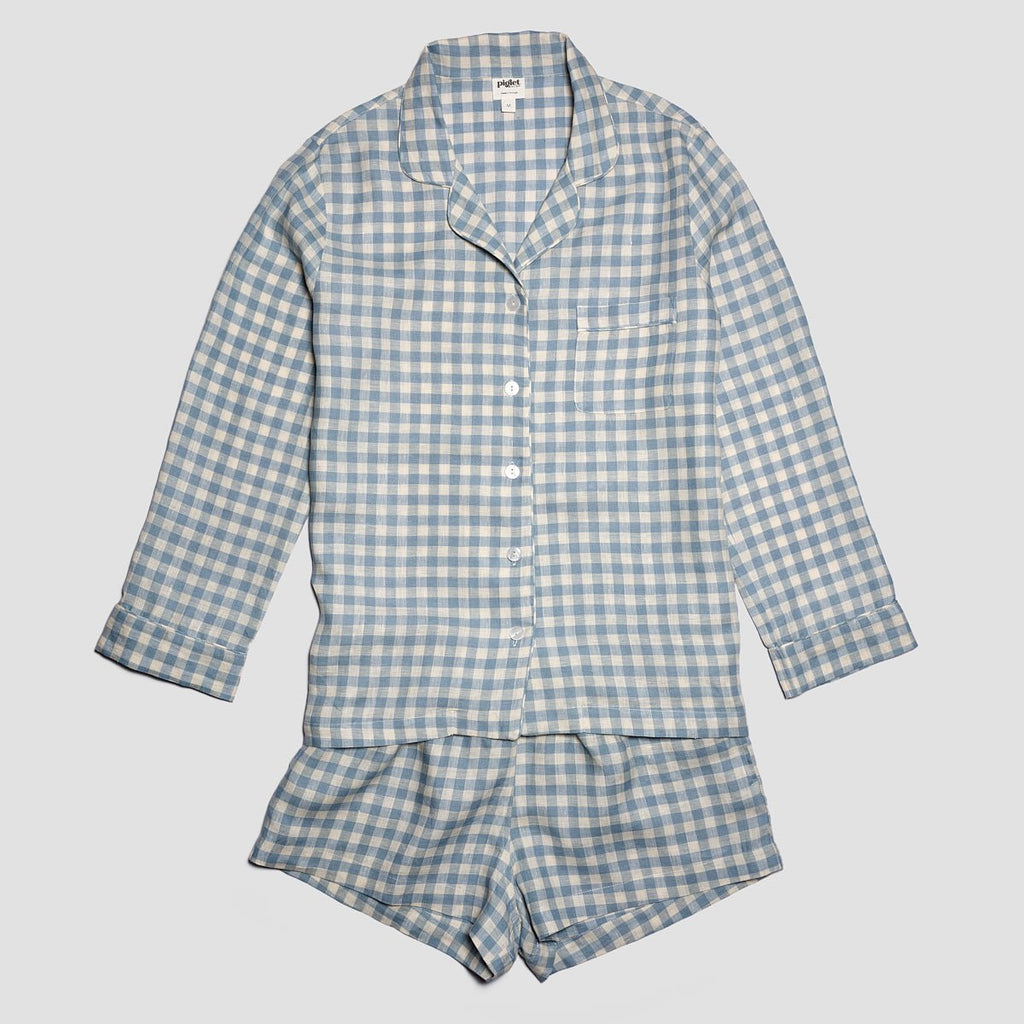Piglet in Bed - Gingham Linen Pyjama Shorts Set, Warm Blue - Buy Me Once UK