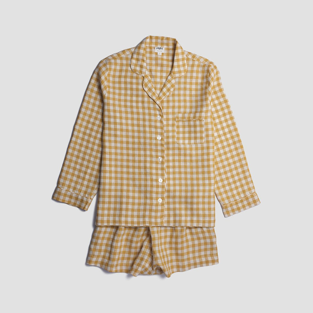Piglet in Bed - Gingham Pyjama Shorts Set, Honey - Buy Me Once UK