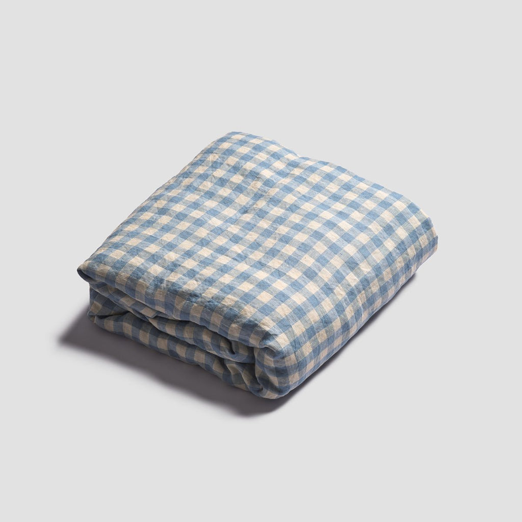 Piglet in Bed - Linen Fitted Sheet, Warm Blue Gingham - Buy Me Once UK
