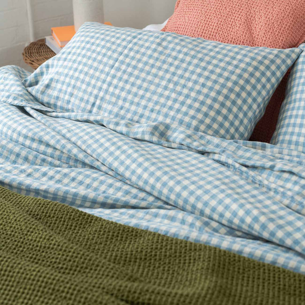 Piglet in Bed - Linen Flat Sheet, Warm Blue Gingham - Buy Me Once UK