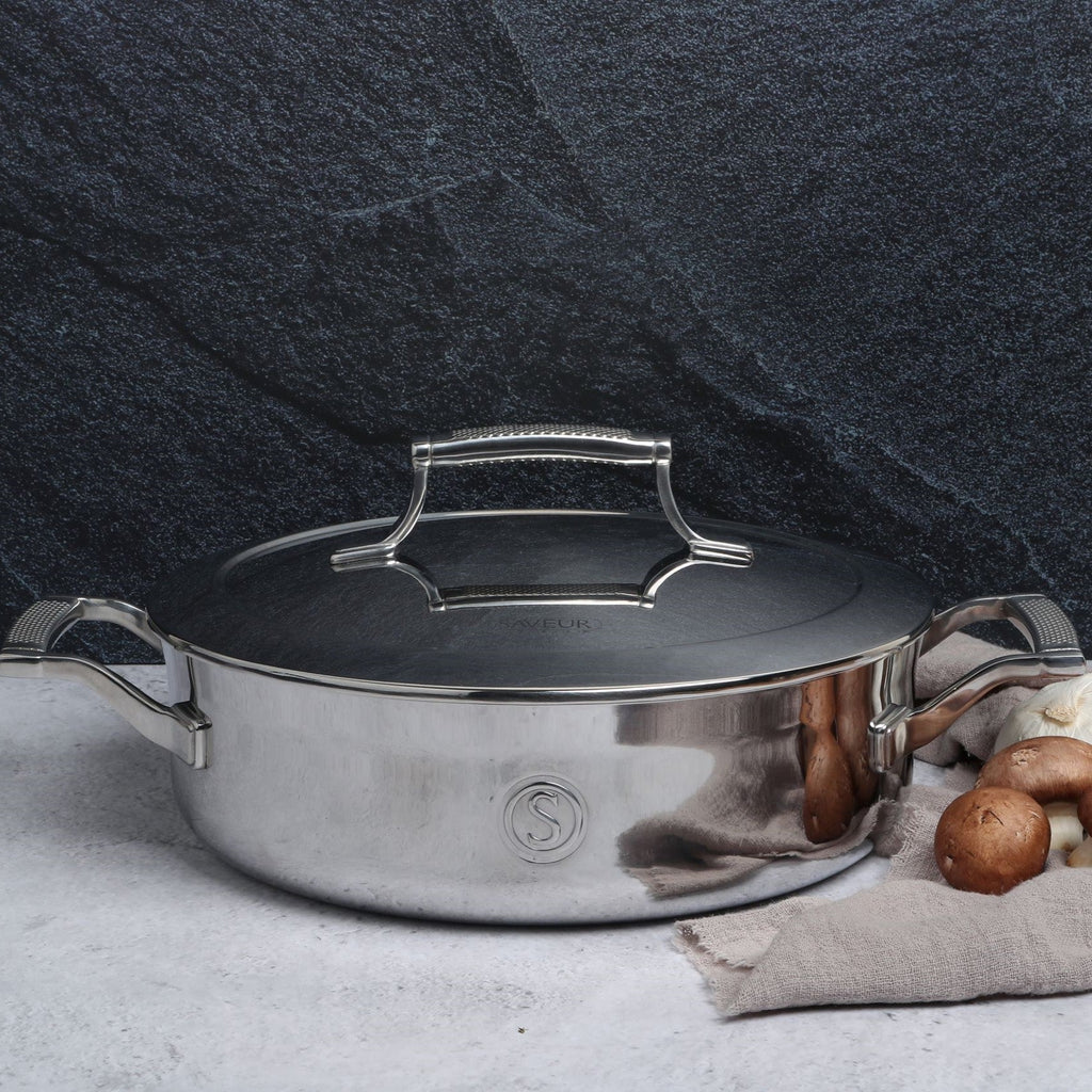 SAVEUR Selects - Tri-Ply Stainless Steel Sauteuse Pan with Insulated Lid - Buy Me Once UK