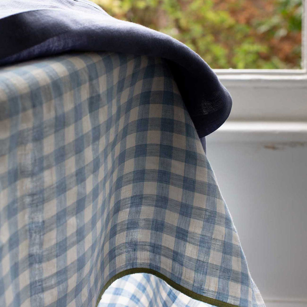 Piglet in Bed - Warm Blue Gingham Linen Tablecloth - Buy Me Once UK