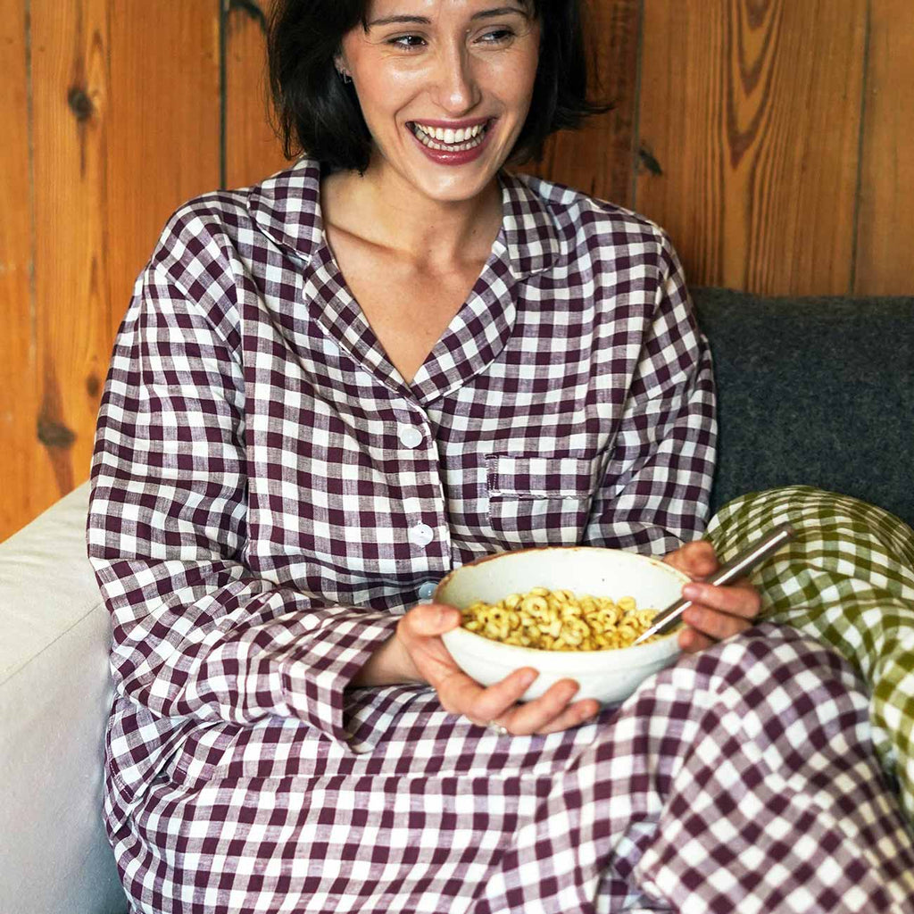 Piglet in Bed - Women's Gingham Linen Pyjama Set, Berry - Buy Me Once UK