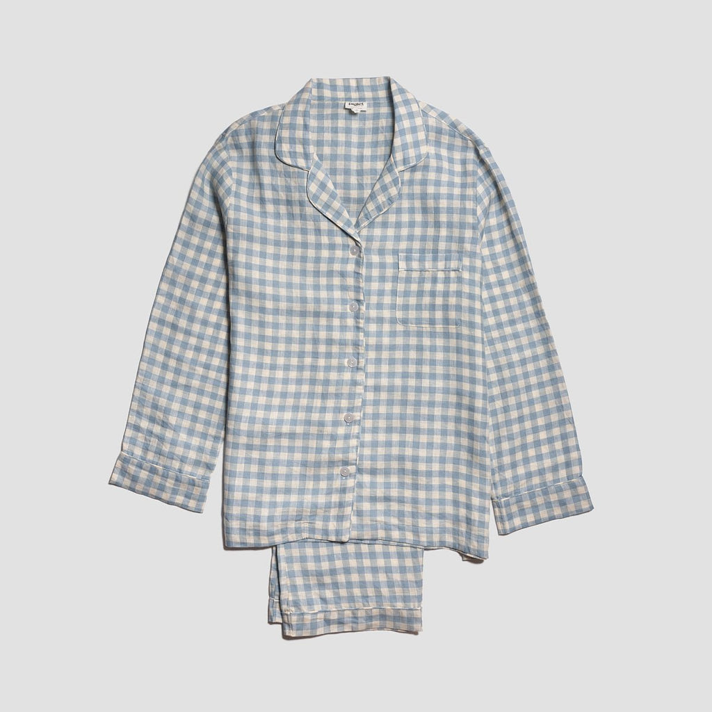 Piglet in Bed - Women's Gingham Linen Pyjama Trouser Set, Warm Blue - Buy Me Once UK