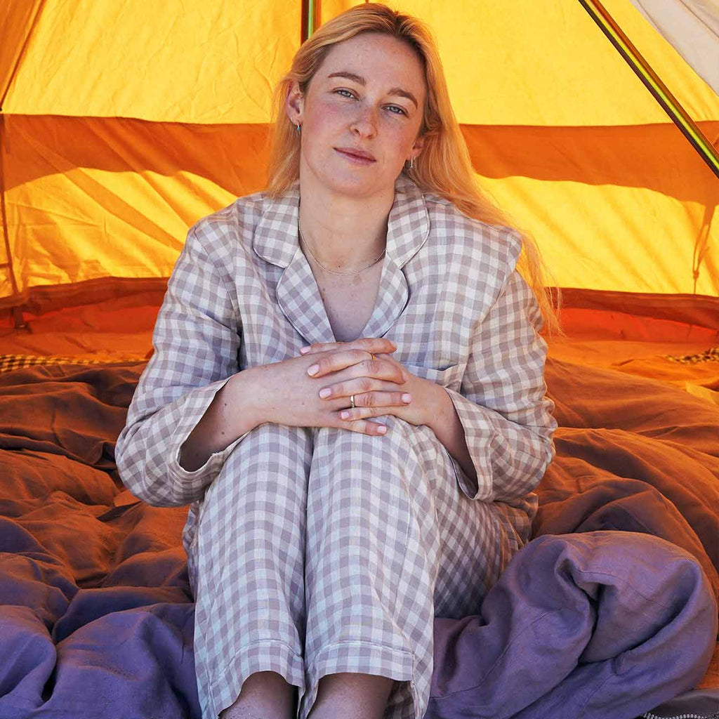 Piglet in Bed - Women's Gingham Pyjama Trouser Set, Mushroom - Buy Me Once UK