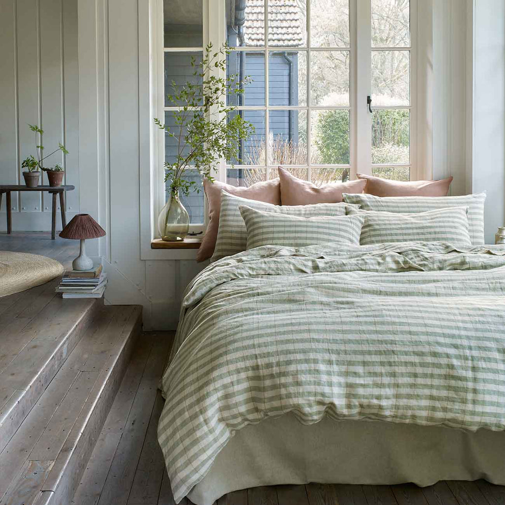 Pear Check Stripe Linen Bedding and Sandstone Linen Square Pillowcases