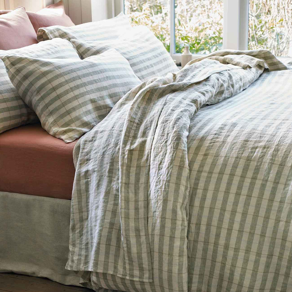 Pear Check Stripe Linen Bedding and Burnt Orange Fitted Sheet